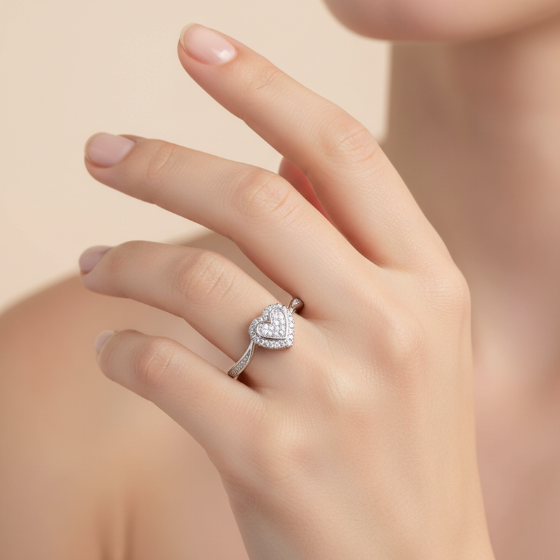 female model image in soft studio light, the ring is only 1 cm big the heart, dont make it too big
