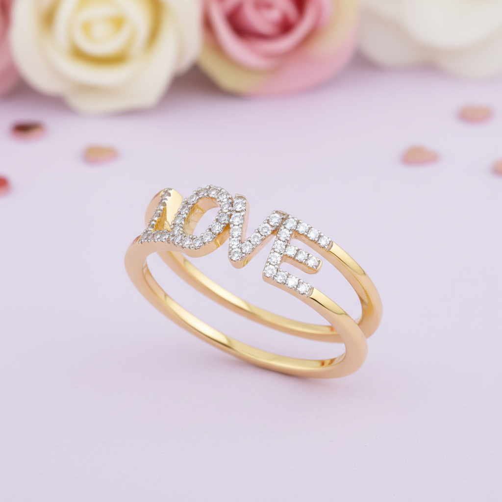 Design a romantic, high-resolution image showcasing the Amorra diamond ring in a classy, pastel lavender environment. Use diffuse daylight studio lighting with rim lights to accentuate the shine of the diamonds and the warmth of the yellow gold. Position t