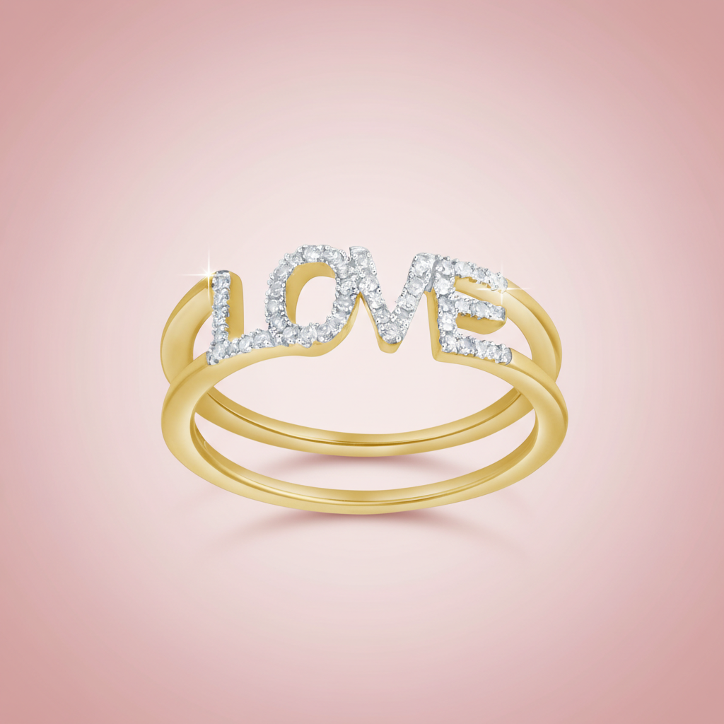 Create a luxurious product image of the 'Amorra 14K Yellow Gold 'LOVE' Diamond Ring – 0.15 Ct' set against a soft pastel pink background with a subtle gradient, emphasizing romantic sophistication. Use a professional studio setup with softbox lighting to p