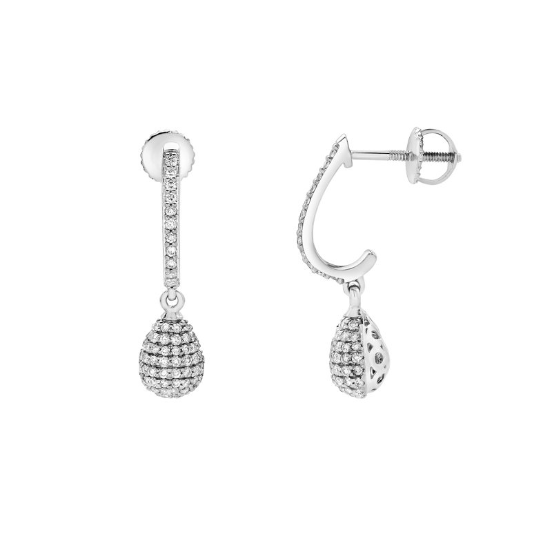 Clayra Pear Shape Dome Diamond Drop Huggie Hoop Earrings in 14K White Gold