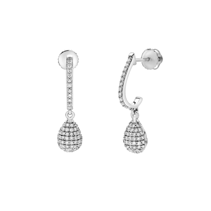 Clayra Pear Shape Dome Diamond Drop Huggie Hoop Earrings in 14K White Gold