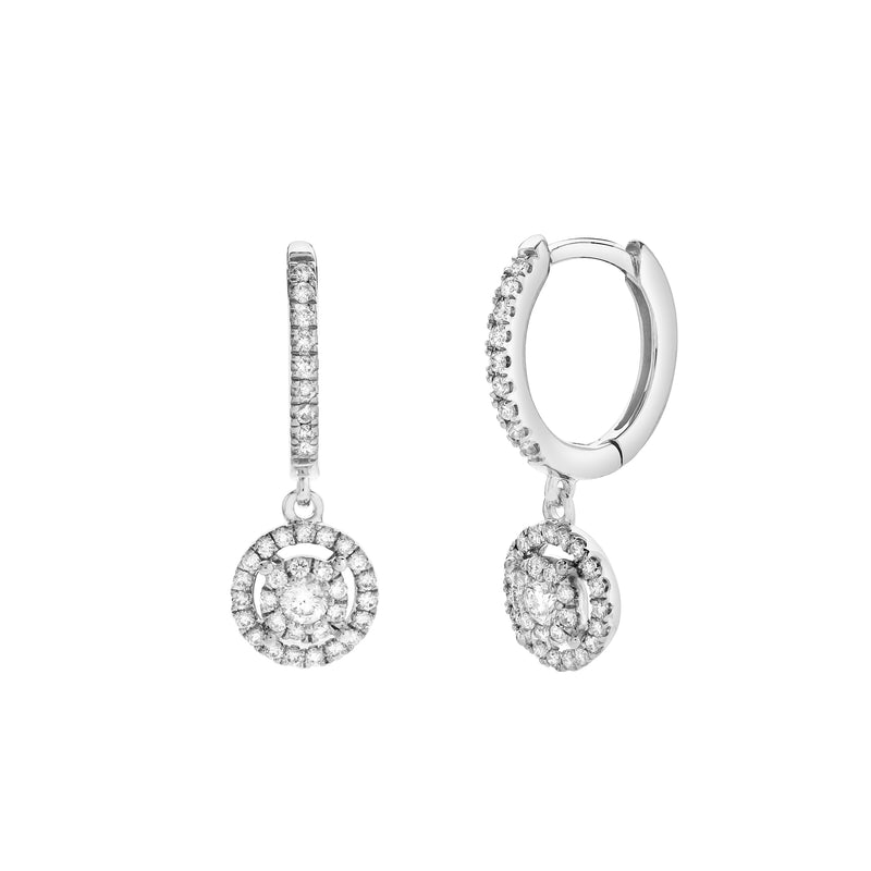 Camellia Pave Round Diamond Drop Huggie Hoop Earrings in 14K White Gold