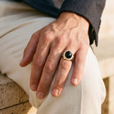 Black Onyx Stone Signet Ring in 14K Yellow Gold Plated Sterling Silver with Enamel