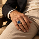 Blue Apatite Stone Signet Ring in Black Rhodium Plated Sterling Silver