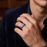 Blue Lace Agate Stone Signet Ring in Black Rhodium Plated Sterling Silver