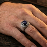 Blue Sand Stone Flat Back Cabochon Signet Ring in Black Rhodium Plated Sterling Silver