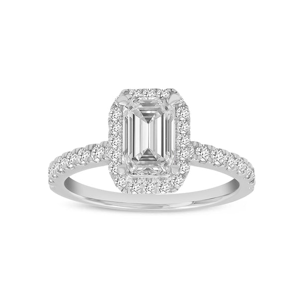 Certified Lab Grown Emerald Cut Halo Diamond Ring (1.70 ctw) in 14K Gold