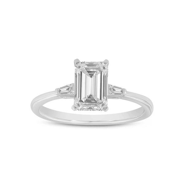 Certified Lab Grown Emerald Cut Diamond Three Stone with Tapered Baguettes (1.55 ctw) in 14K Gold