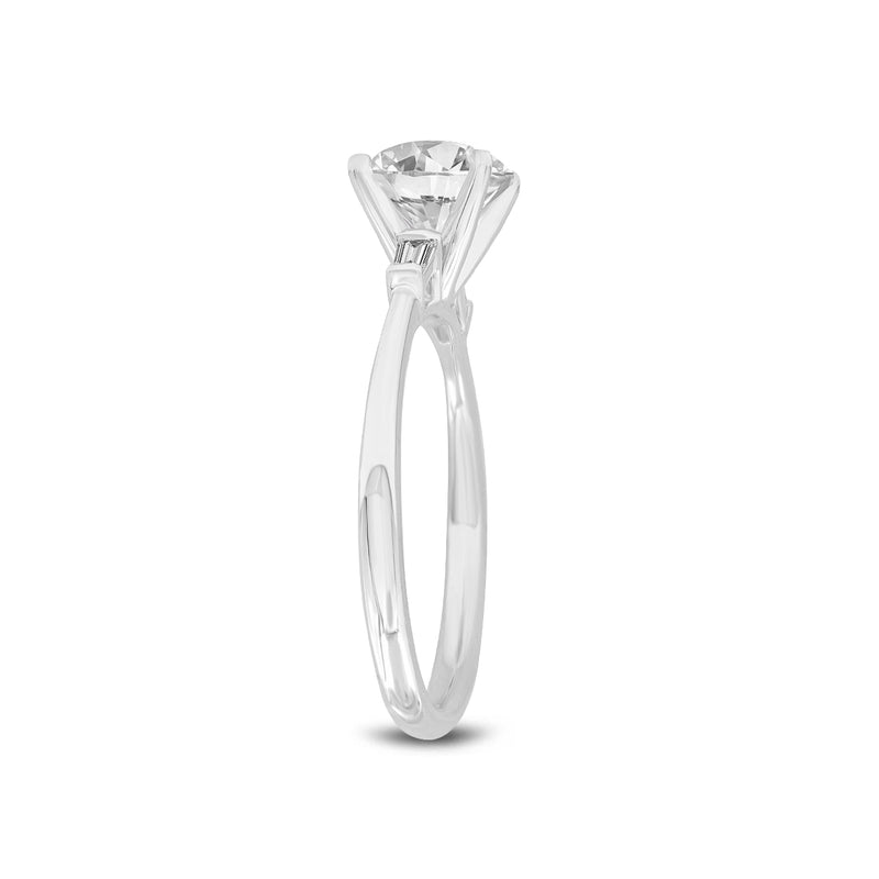 Certified Round Cut With Tapered Baguettes Lab Grown Diamond (1.64 ctw) 3 Stone Ring, 14K White Gold