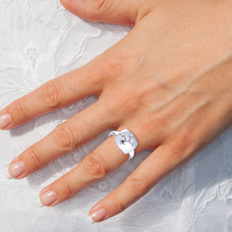 Virgo Maiden Blue Sapphire & Diamond Constellation Signet Ring in 14K White Gold