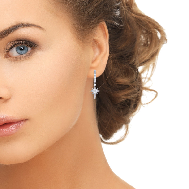 Twinkle Star Diamond Hoop Earrings in 14K White Gold