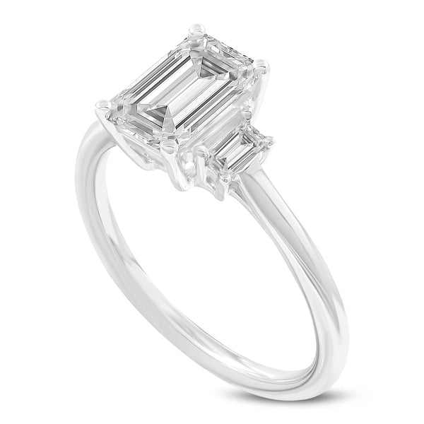 Certified Emerald Cut With Tapered Baguettes Lab Grown Diamond (1.75 ctw) 3 Stone Ring, 14K White Gold