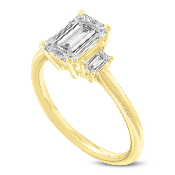 Certified Emerald Cut With Tapered Baguettes Lab Grown Diamond (1.75 ctw) 3 Stone Ring, 14K Yellow Gold