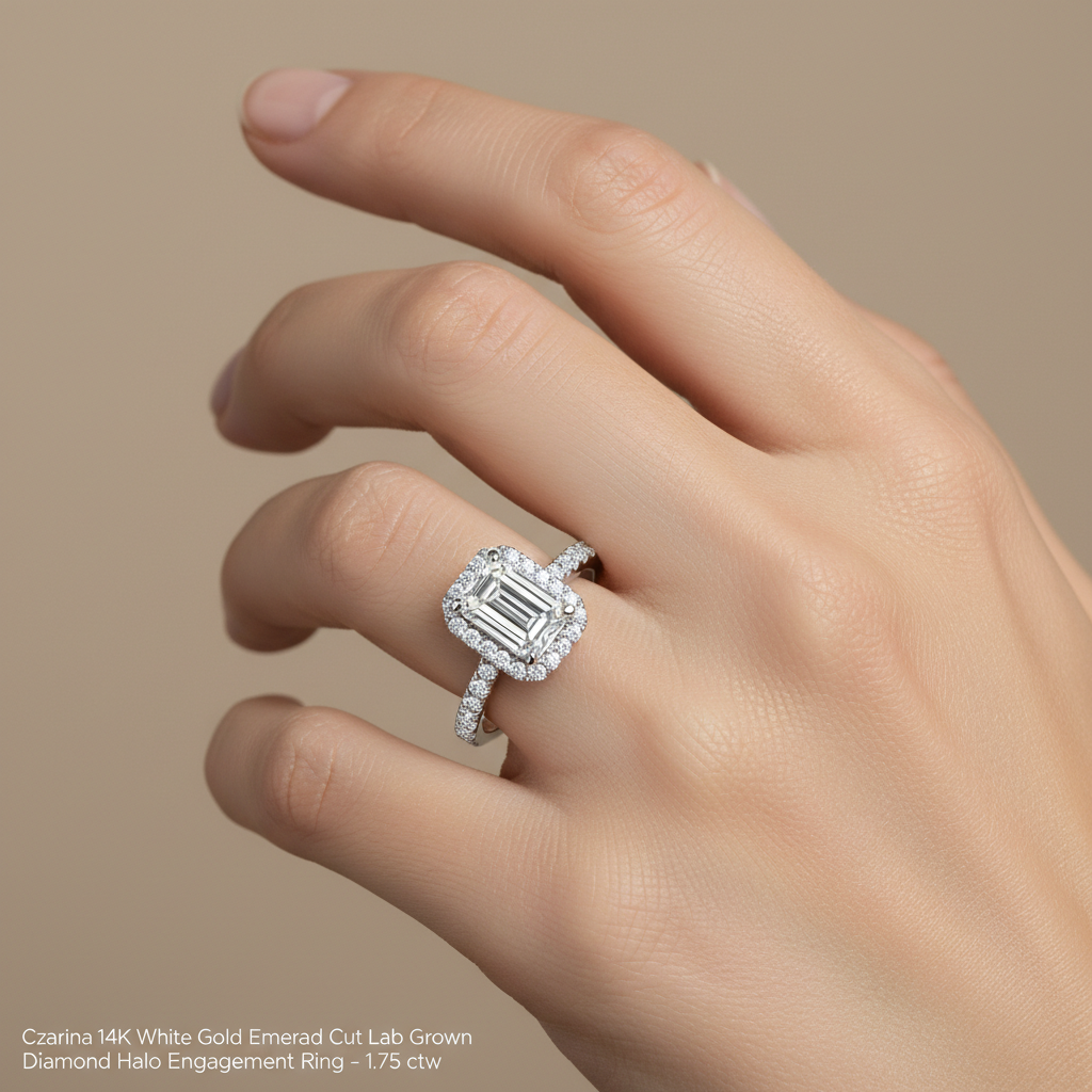 High-end editorial jewelry model shot of a female hand resting naturally, engagement ring worn on ring finger. True-scale emerald-cut center stone (1.3 ct, approx 7.5 × 5.5 mm), total diamond weight 1.75 ctw, balanced finger-to-stone ratio, elegant slim ba