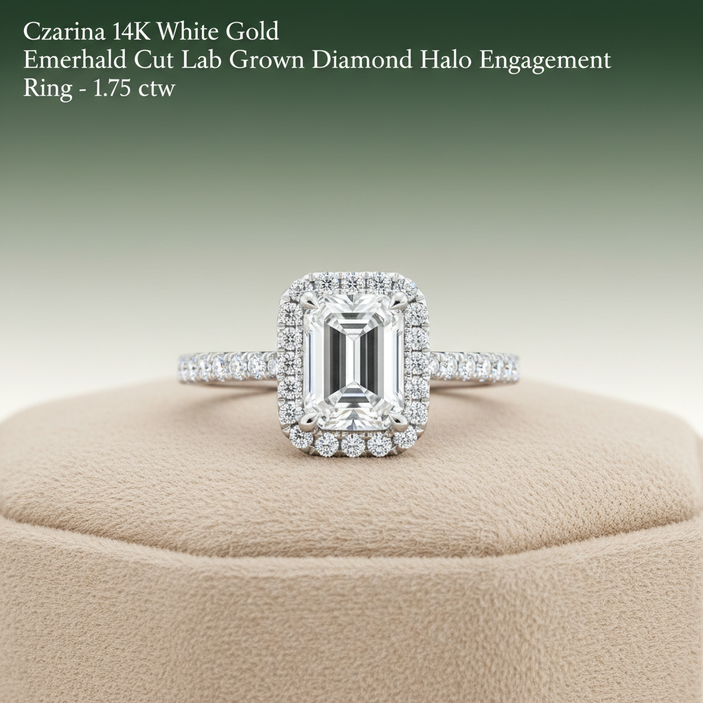 A high-resolution, close-up shot of the Czarina 14K white gold emerald cut lab grown diamond halo engagement ring, captured with a softbox lighting setup to accentuate the brilliance and clarity of the 1.75 ct. center diamond. The ring is positioned on a s