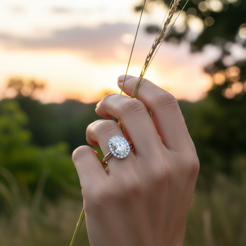 Generate a vivid lifestyle scene of the Idalia engagement ring worn on a woman's finger during a romantic outdoor setting at sunset. The ring is in sharp focus, illuminated by natural diffused daylight, with a blurred background of soft, warm hues of sunse