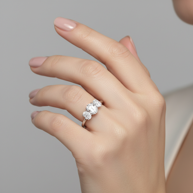 model female image on hand studio light with 3 oval stones. make the ring smaller than it is