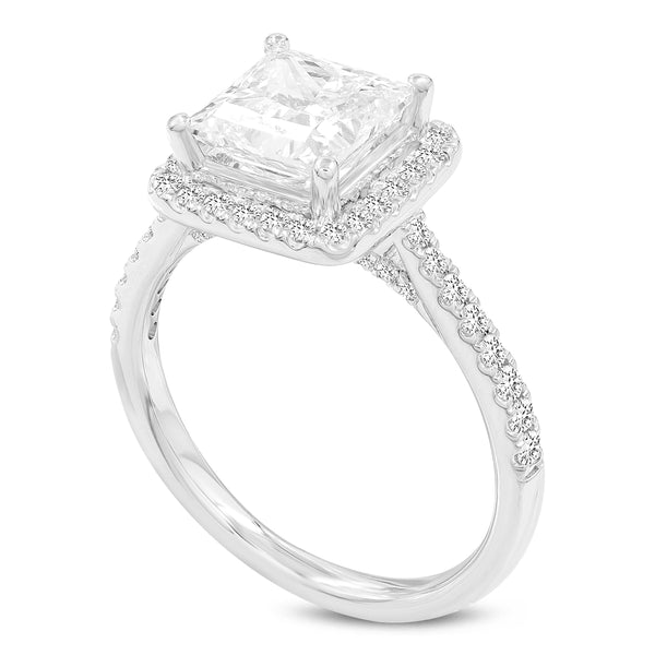 Certified Princess Cut Lab Grown Diamond (2.42 ctw) Halo Ring in 14K White Gold