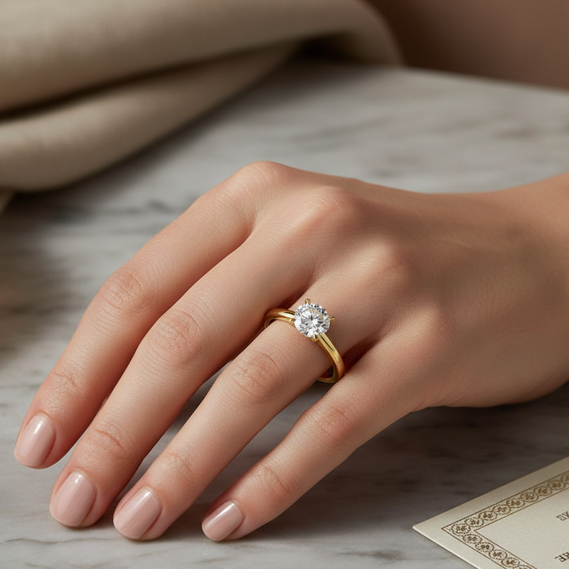 female hand model image, editorial setting scene. round solitaire diamond is 6mm diameter. make the ring smaller than it is
