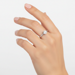 female hand model image studio soft light setting, solitaire round stone is 6.5mm diameter. make the ring smaller than it is