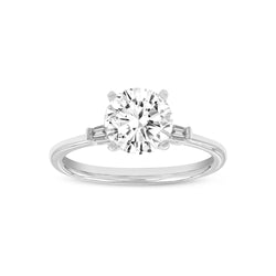 Certified Round Cut With Tapered Baguettes Lab Grown Diamond (1.64 ctw) 3 Stone Ring, 14K White Gold