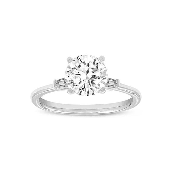 Certified Round Cut With Tapered Baguettes Lab Grown Diamond (1.64 ctw) 3 Stone Ring, 14K White Gold