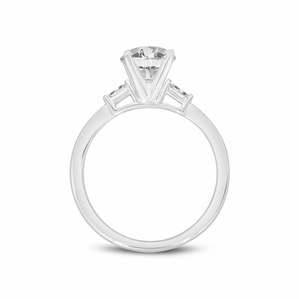 Certified Round Cut With Tapered Baguettes Lab Grown Diamond (1.64 ctw) 3 Stone Ring, 14K White Gold