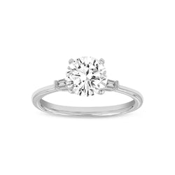 Certified Round Cut With Tapered Baguettes Lab Grown Diamond (1.64 ctw) 3 Stone Ring, 14K White Gold