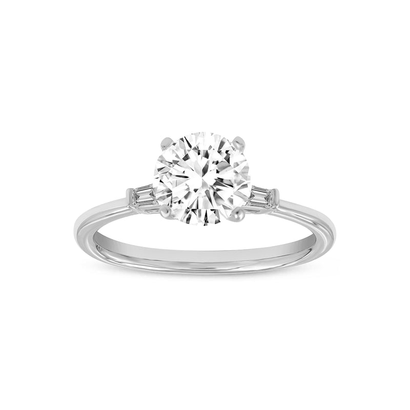 Certified Round Cut With Tapered Baguettes Lab Grown Diamond (1.64 ctw) 3 Stone Ring, 14K White Gold