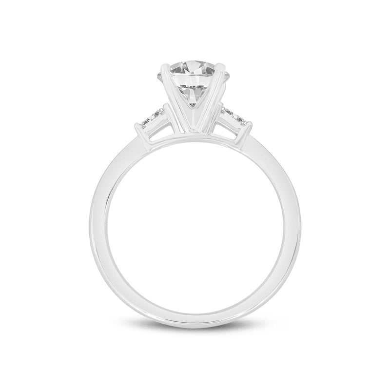 Certified Round Cut With Tapered Baguettes Lab Grown Diamond (1.64 ctw) 3 Stone Ring, 14K White Gold