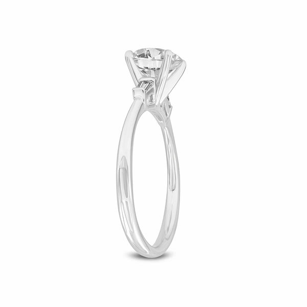 Certified Round Cut With Tapered Baguettes Lab Grown Diamond (1.64 ctw) 3 Stone Ring, 14K White Gold