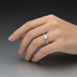 female hand model image, studio setting scene. round center solitaire diamond is 4mm diameter and band is sleek. make the ring smaller than it is