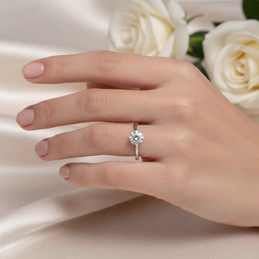 female hand model image, editorial setting scene. round solitaire diamond is 8mm. make the ring smaller than it is