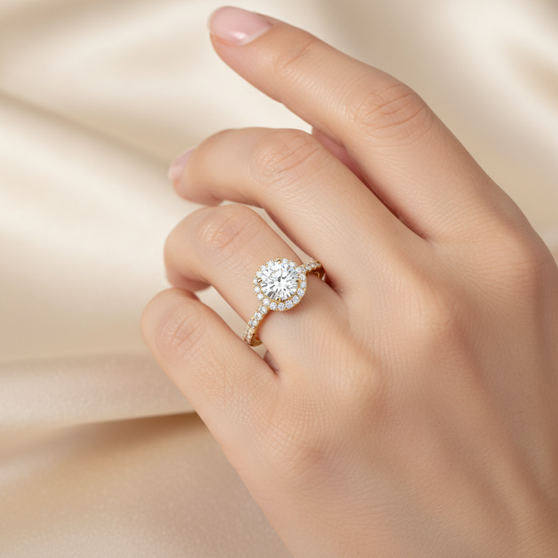 female hand model image, editorial setting scene. round halo diamond is 6mm. make the ring smaller than it is