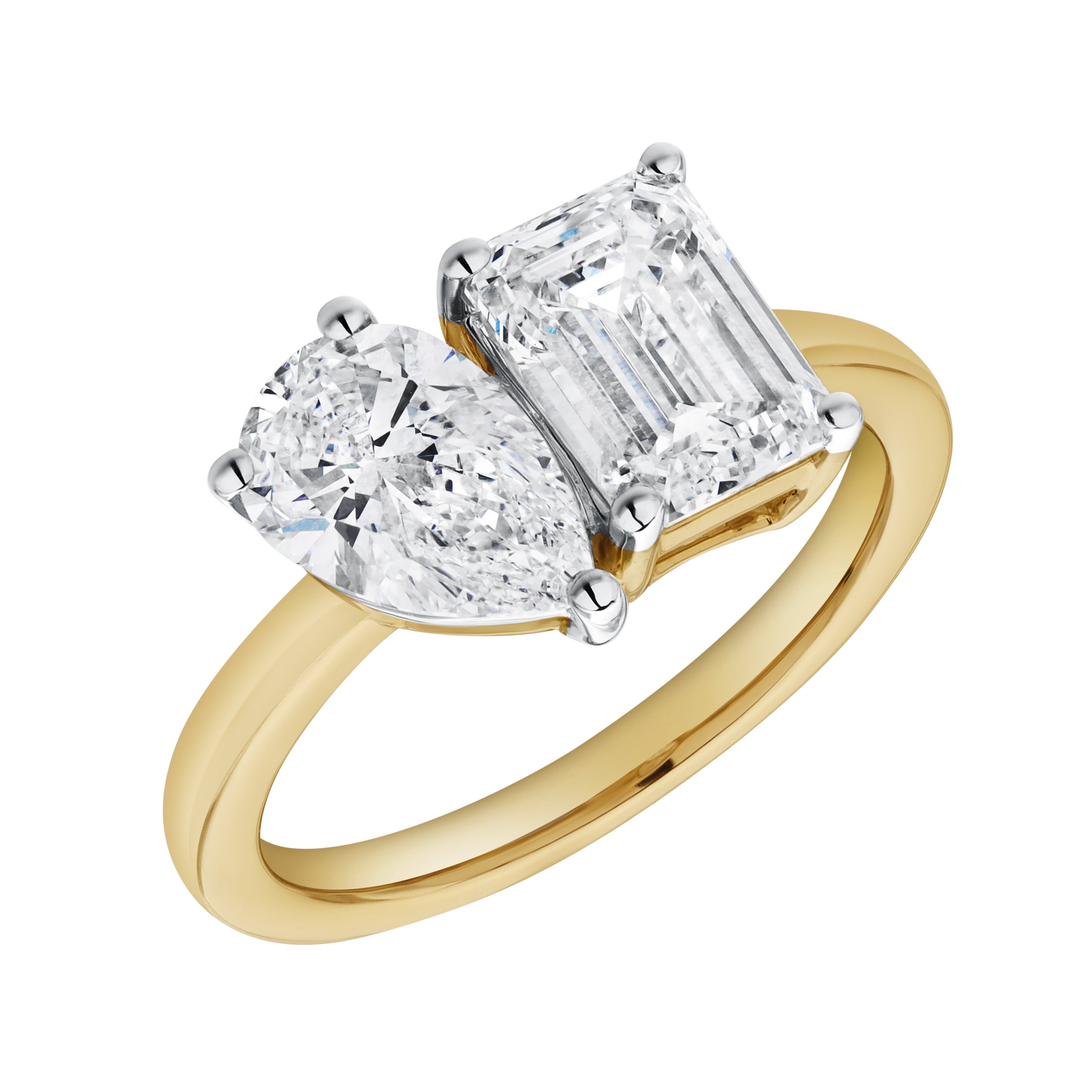 Evermore 14K Yellow Gold Emerald and Pear cut Diamond Toi et Moi Ring - 3 ct