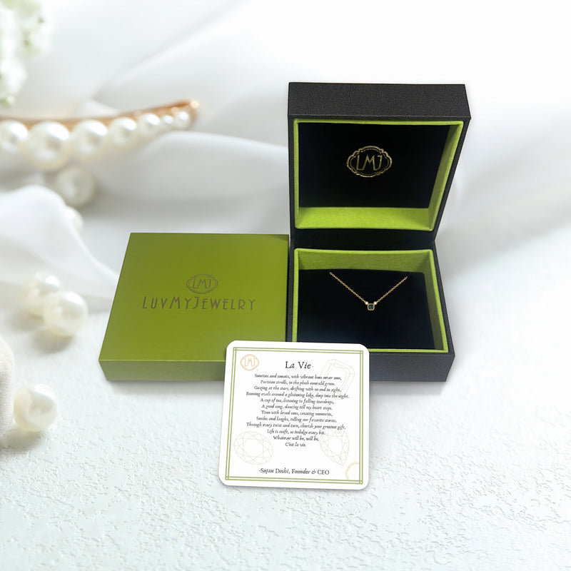 Cushion Cut Emerald & Diamond Birthstone Necklace In 14K Yellow Gold
