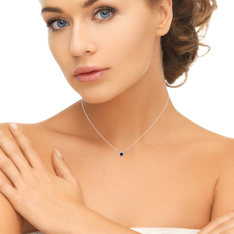Cushion Cut Sapphire & Diamond Birthstone Necklace In 14K White Gold