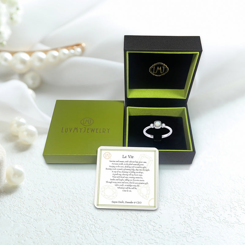 Cushion Cut Opal & Diamond Birthstone Ring In 14K White Gold
