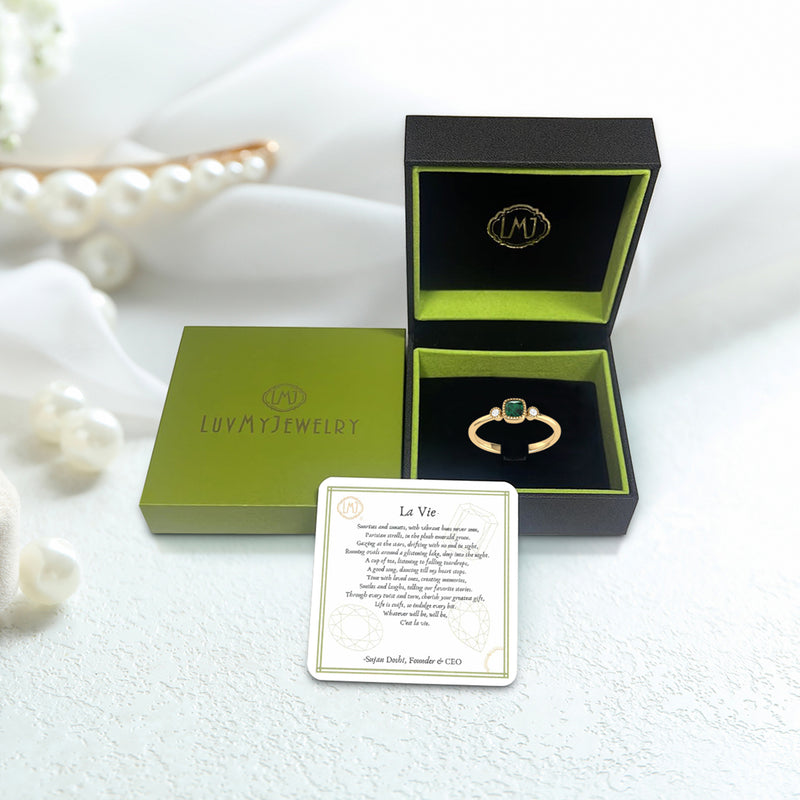 Cushion Cut Emerald & Diamond Birthstone Ring In 14K Yellow Gold