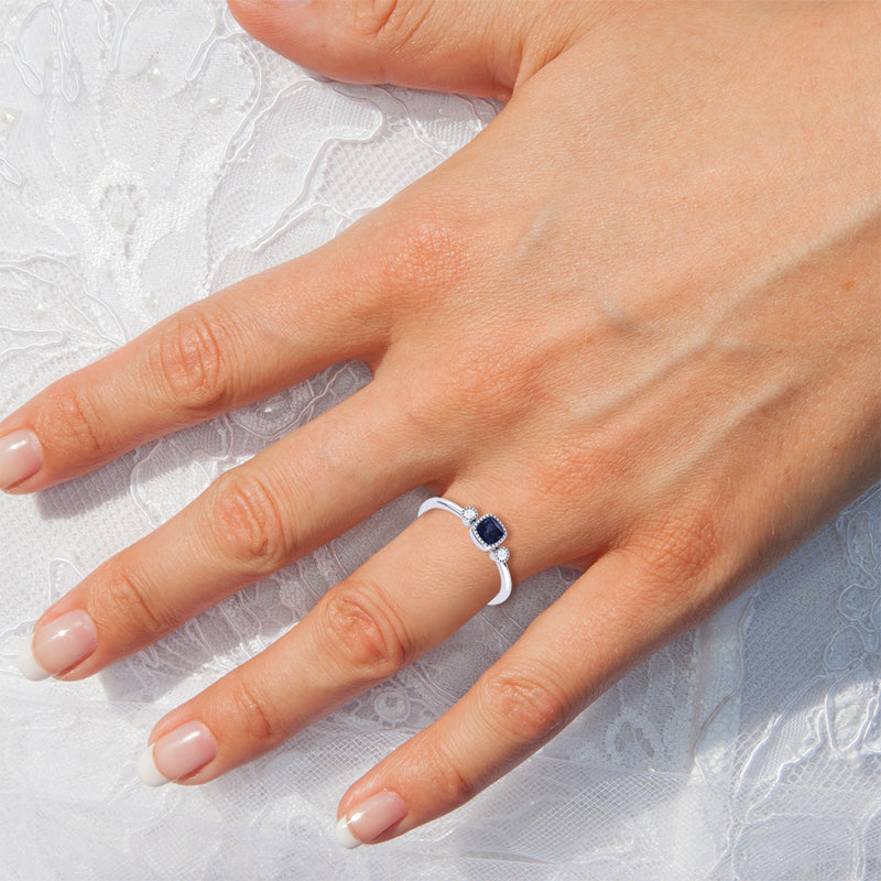 Cushion Cut Sapphire & Diamond Birthstone Ring In 14K White Gold
