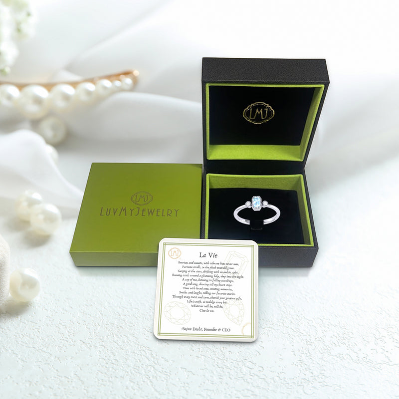 Emerald Cut Aquamarine & Diamond Birthstone Ring In 14K White Gold