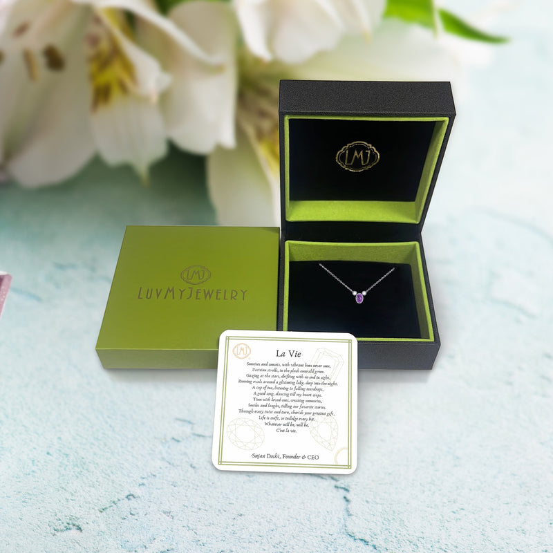 Oval Cut Amethyst & Diamond Birthstone Necklace In 14K White Gold
