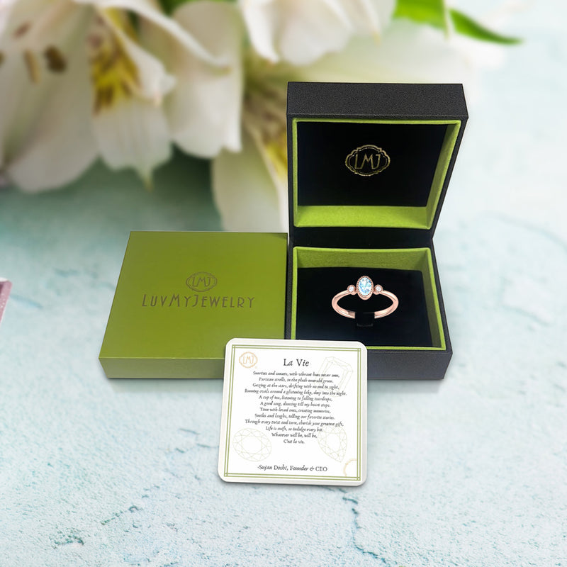 Oval Cut Aquamarine & Diamond Birthstone Ring In 14K Rose Gold