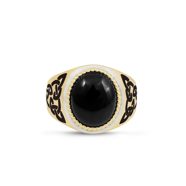Black Onyx Stone Signet Ring in 14K Yellow Gold Plated Sterling Silver with Enamel