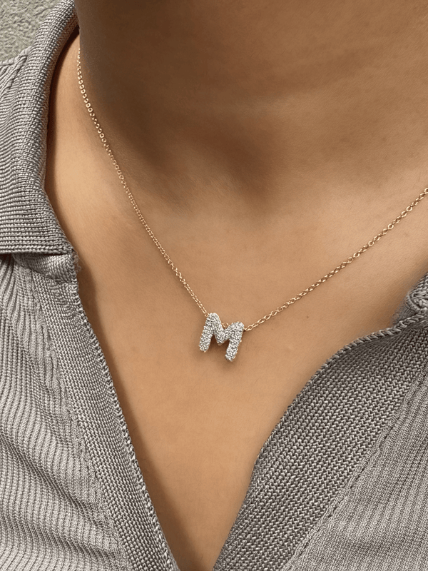 Bubble Initial Diamond Letter Pendant in 14K Yellow Gold - M