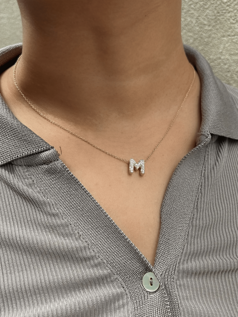Bubble Initial Diamond Letter Pendant in 14K Yellow Gold - M