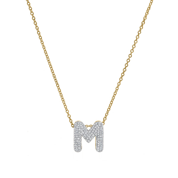 Bubble Initial Diamond Letter Pendant in 14K Yellow Gold - M