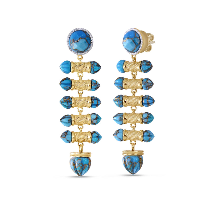 Twisted Rays Turquoise & Diamond Dangle Earrings in 14K Yellow Gold Plated Sterling Silver