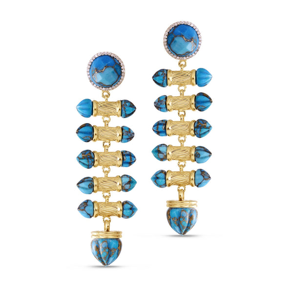 Twisted Rays Turquoise & Diamond Dangle Earrings in 14K Yellow Gold Plated Sterling Silver