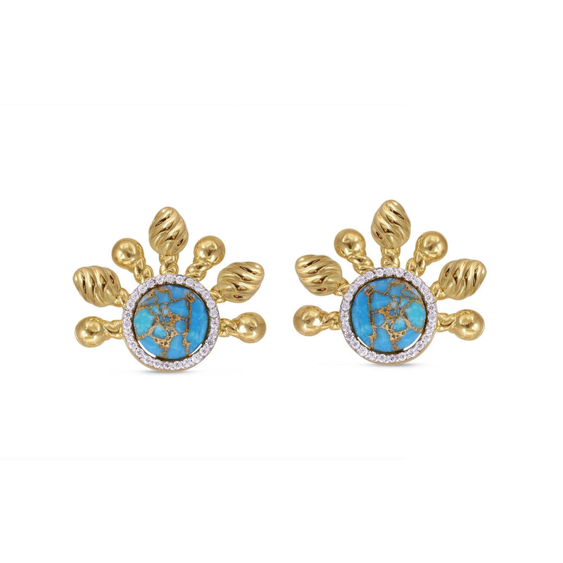 Floating Rays Half Sun Turquoise Detachable Diamond Earrings in 14K Yellow Gold Plated Sterling Silver